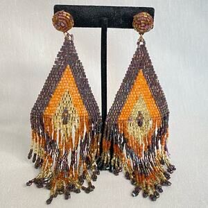 Tribal Oversized Seed Beaded Earrings Posts Chevron Color Black Pattern Fringe